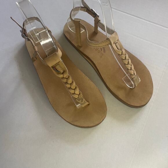 Rainbow T-strap Beige Leather Braided Thong Flat Sandals size 7 - Picture 2 of 6